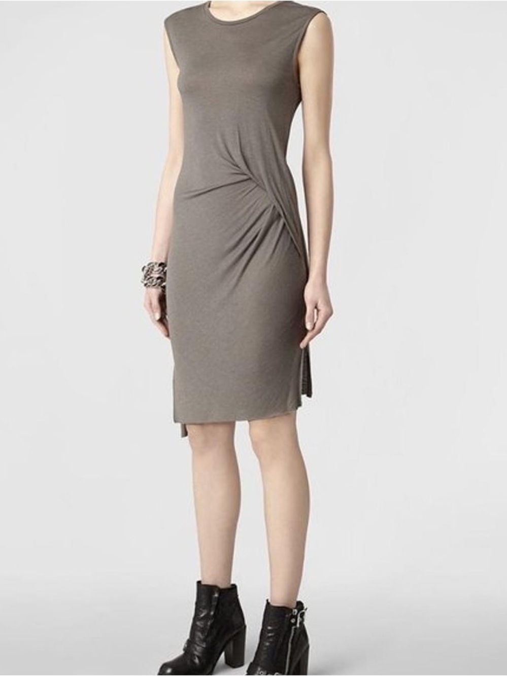 AllSaints Marilla Dress Jersey Knit Draped Raw Asymmetric Hem size 4